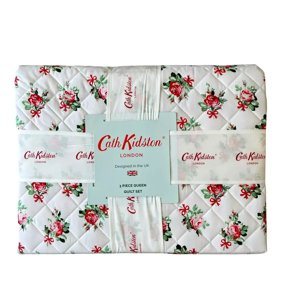 Cath Kidston London 3pc QUEEN Quilt & Sham Set Cottage Rose and Bows Pink NEW